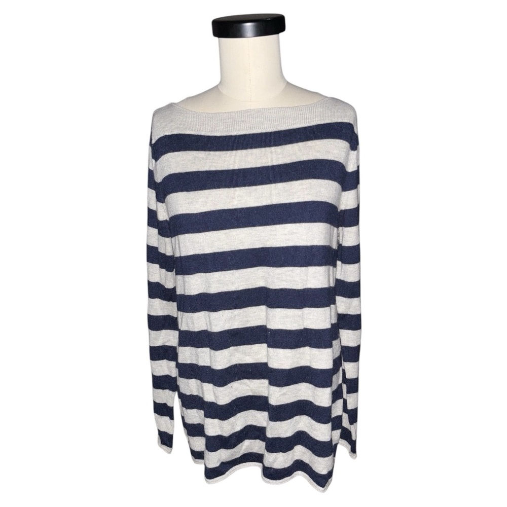 Gap Navy Blue & Heather Gray Striped Boatneck Long Sleeve Sweater